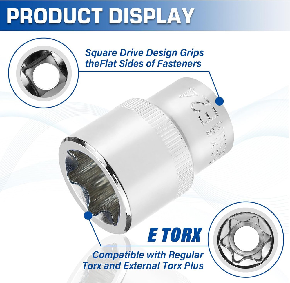 14-Piece E-Torx Socket Set E4-E24 Cr-V Steel 1/4, 3/8, 1/2 Drive with Case