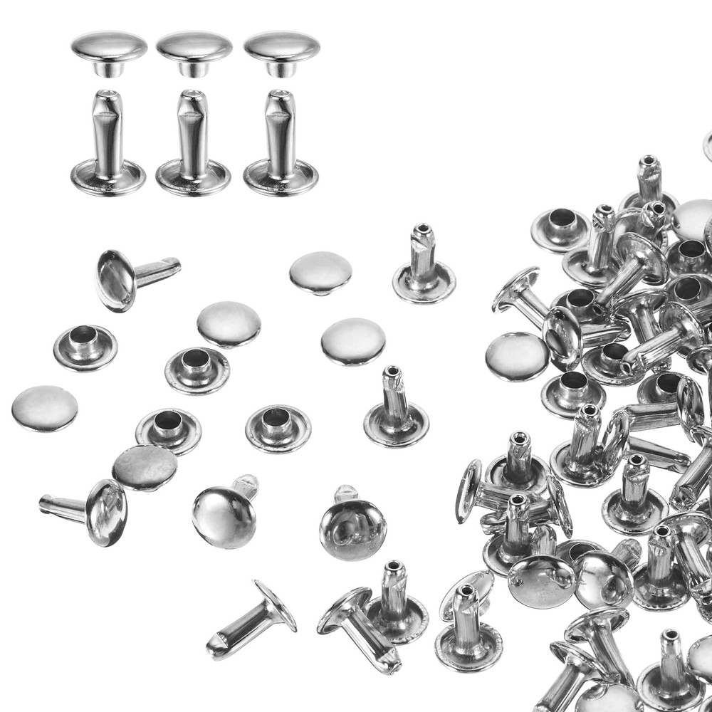 100Sets Double Cap Rivet 8x10mm Carbon Steel Round Head Snap Studs, Silver