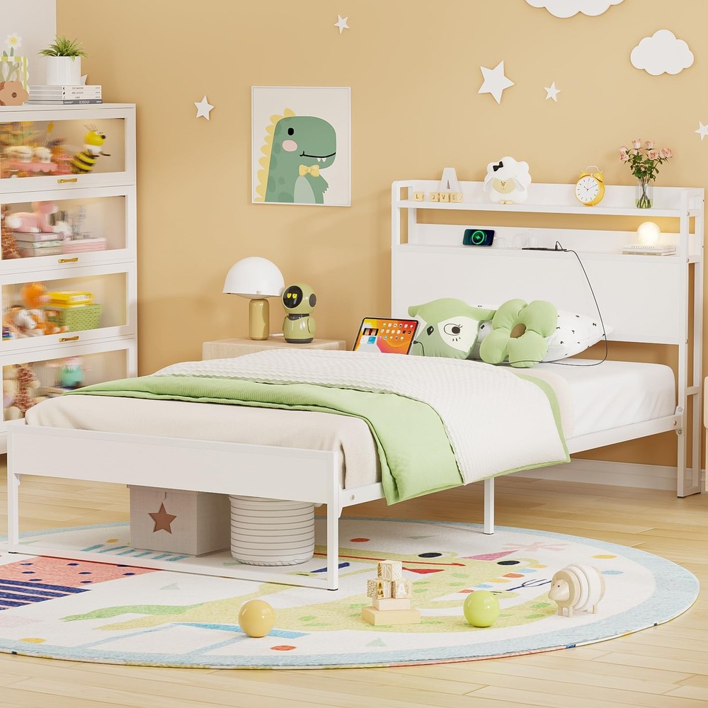 Twin Bed Frames with Charging Station and Storage Headboard, No Spring Needed...