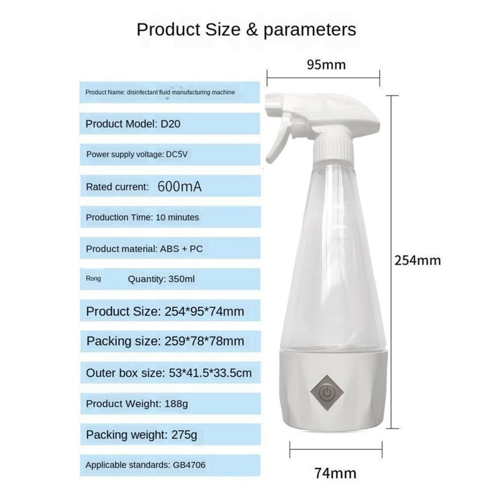 Portable Sodium Hypochlorite Generator Water Bottle USB
