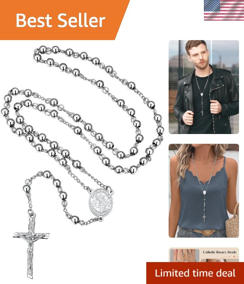 Rosary Beads Catholic Necklace for Men, St Michael/St Christopher/Virgin Mary Pr
