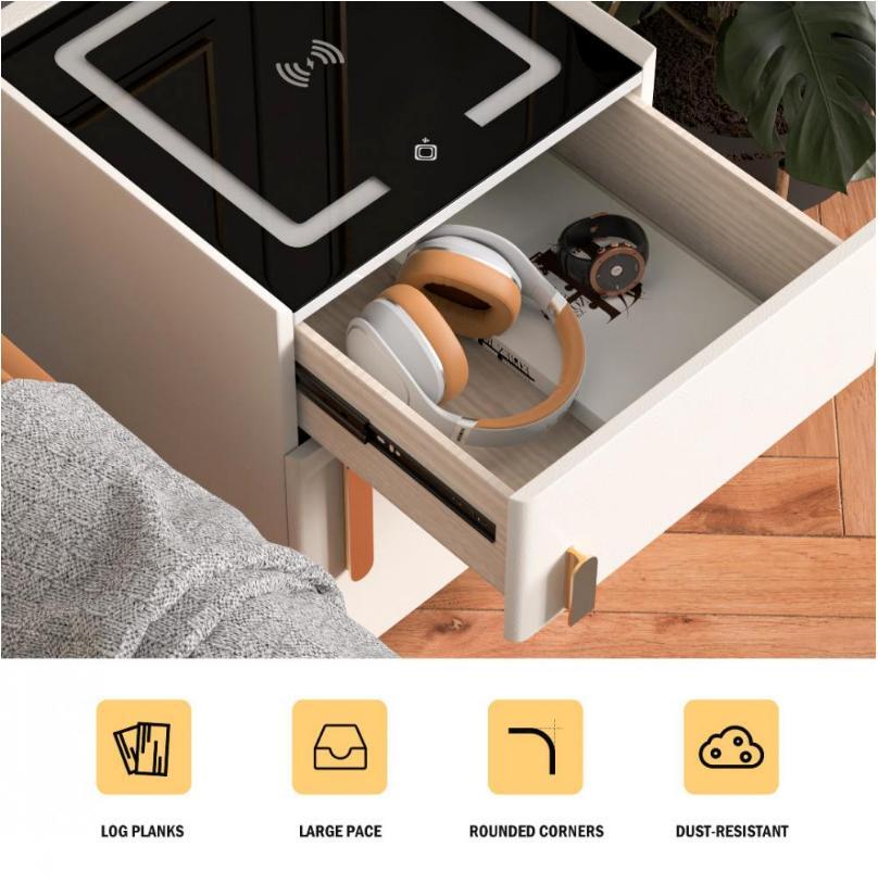 Multifunctional Smart Nightstand Safe Lock Box 3-Color Light Wireless Charging