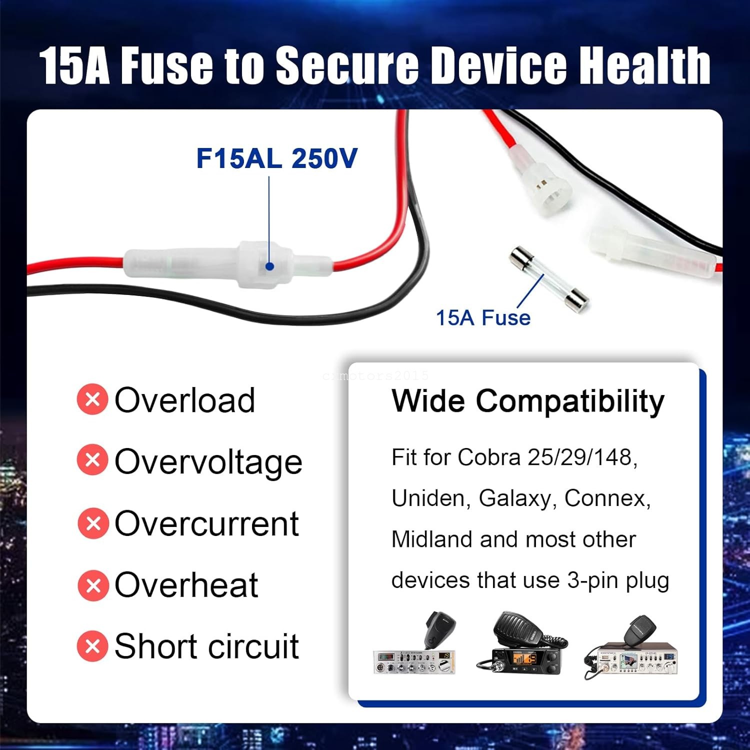 CB Radio Power Cord 3Pin Conector 16AWG Wire w/ 15A Fuse For Cobra Uniden Connex