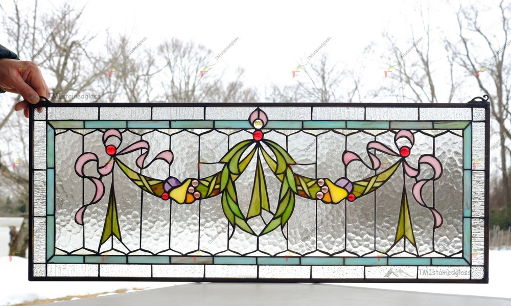 36" x 14" Handcrafted Stained Glass Panel Hanging Window Panel HF45