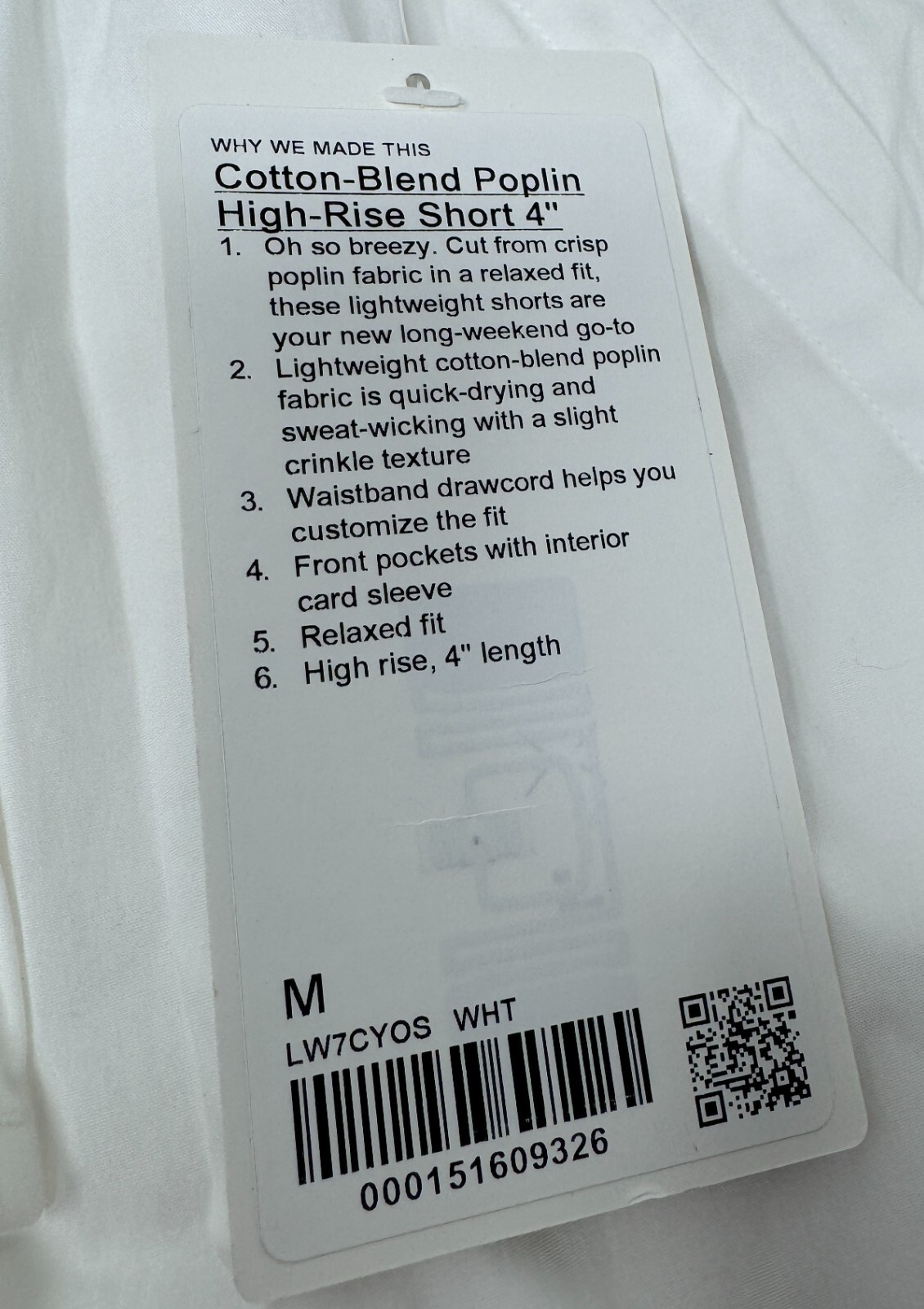 Lululemon Size M Cotton-Blend Poplin High-Rise Short 4", WHITE