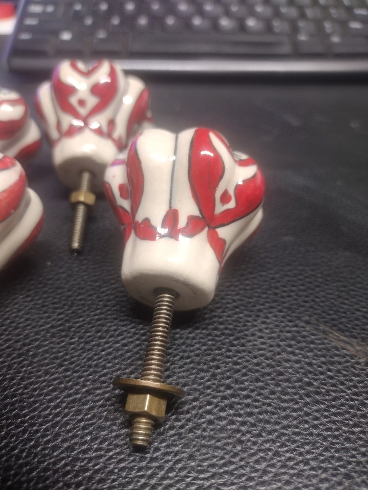 Red Floral Drawer Pulls Knobs 8 piece Ceramic brass hardware no damage