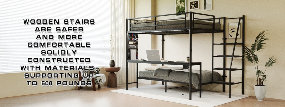Modern Metal Bunk Bed Full Size Black Bed Frame w/LED light and Charging Socket