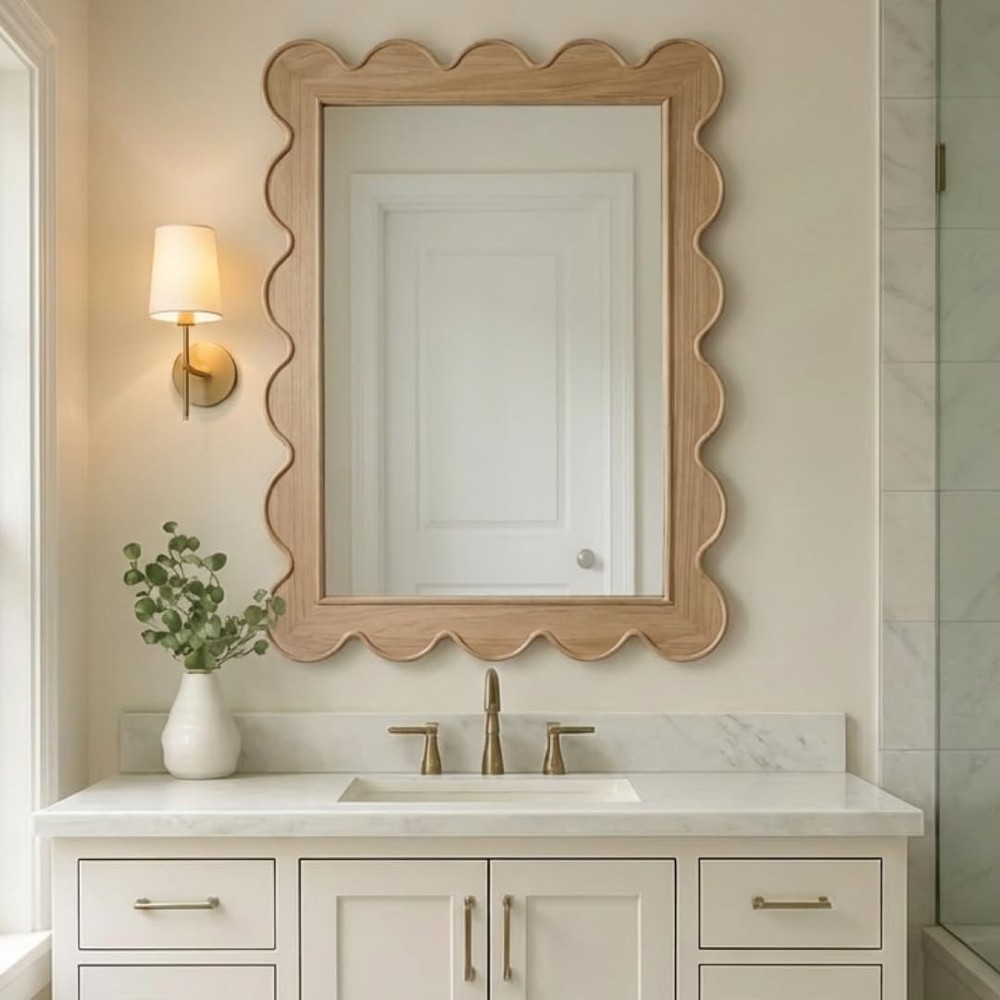 CAALMA Scalloped Wall Mirror 24 x 36 Rectangular, Bathroom Mirror, Mirrors fo...