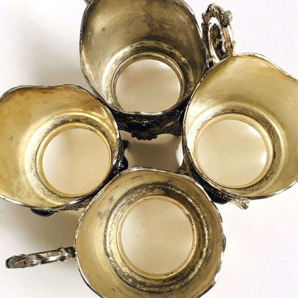 12 sets Tea Glass & Cup Holders Silver Plated With Black Stones Decorative E1-35