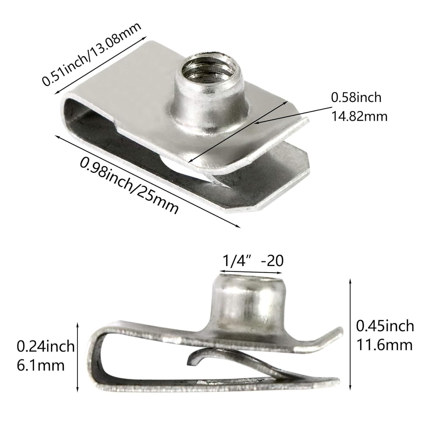 40 Packs 1/4" - 20 Stainless Steel Regular Extruded U Nuts, U Style Clip-on Nut,