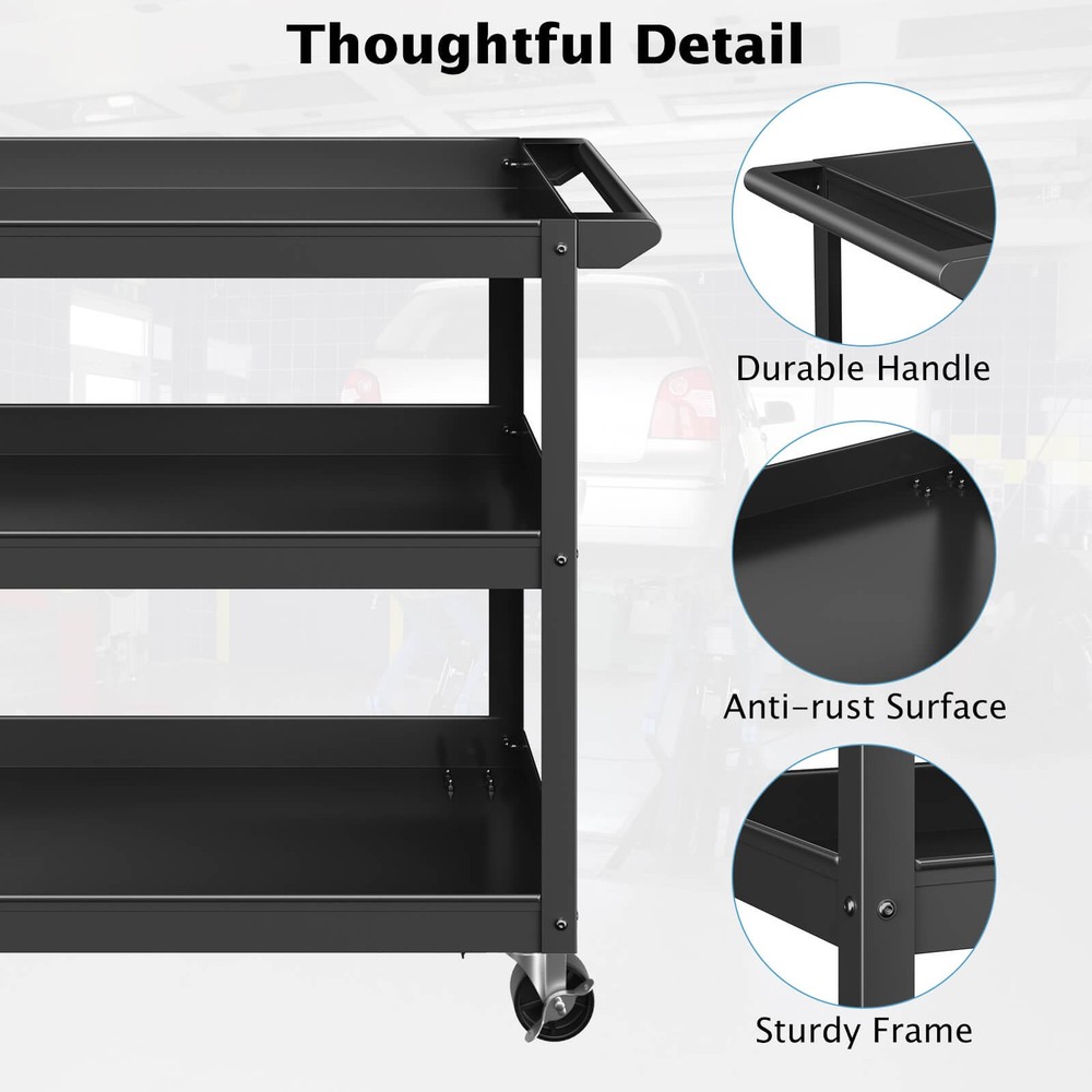 3-Layer Rolling Service Utility Cart with Flat Handle 2 Lockable Universal Wheel