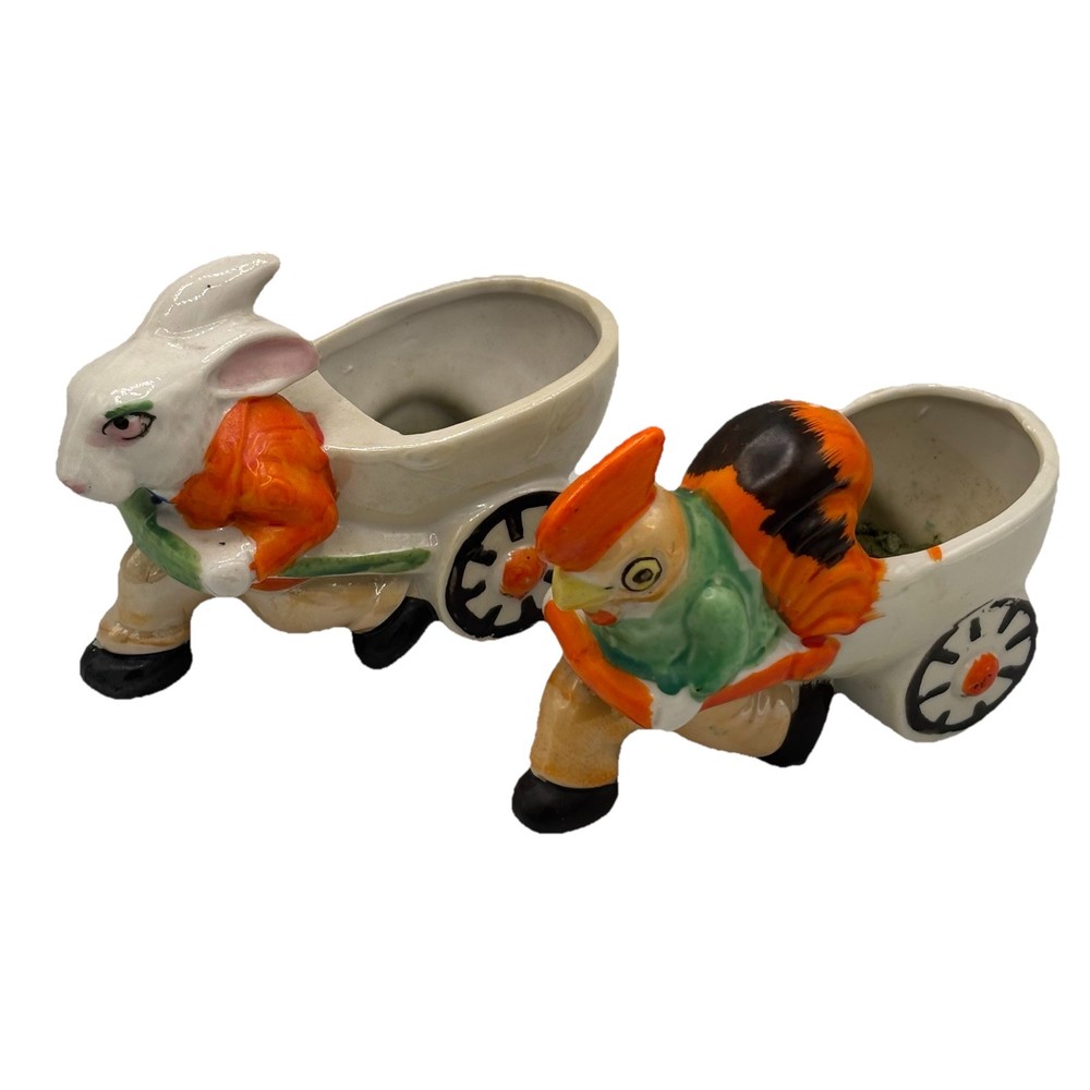 VTG Lusterware Rooster & Rabbit Pulling Rickshaw Egg Carts Easter Planters Japan