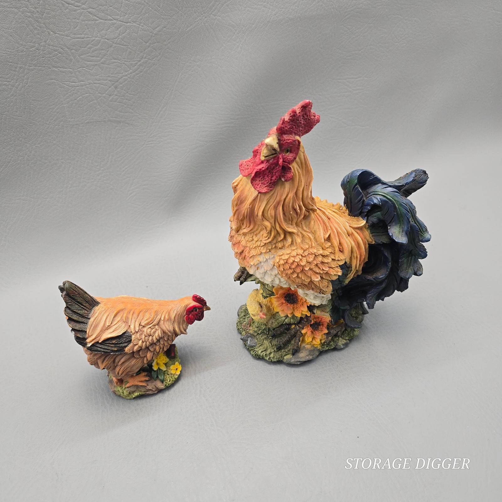 Vintage Resin Rooster and Hen Animal Figurines Farmhouse Decor 2 Pcs 9 in