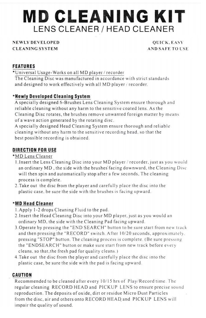 Wet/Dry MD Mini Disc Cleaning Kit with Head and Lens Cleaner MD-107 MD-CL MD8HCL