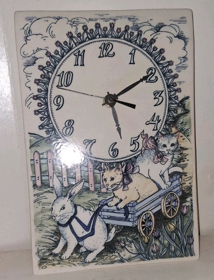 1987-1989 Santa Barbara Ceramic Design Spring Easter Cats Rabbit Clock. Rare