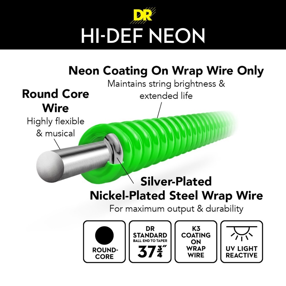 DR Strings Hi-Def NEON Green Bass Strings Medium 45-105