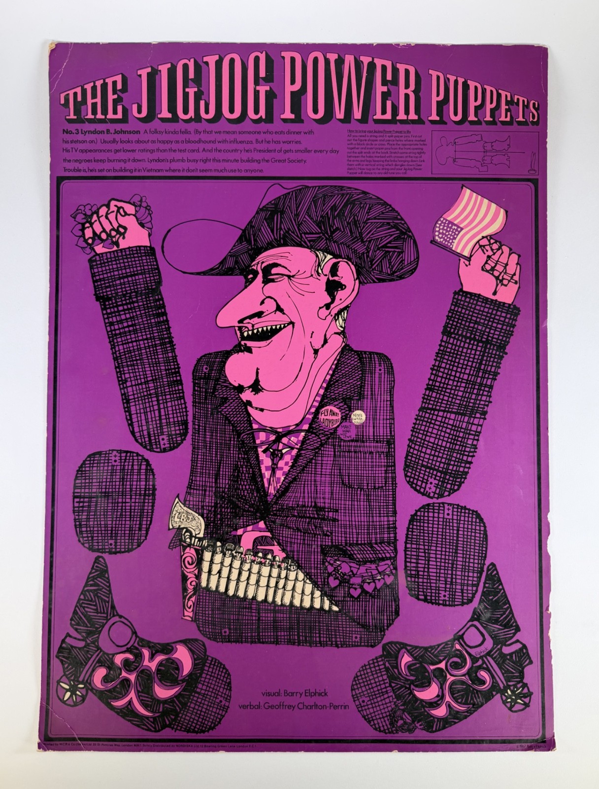 RARE 1967 Lyndon Johnson Jigjog Power Puppet Barry Elphick Ephmera Die-Cut