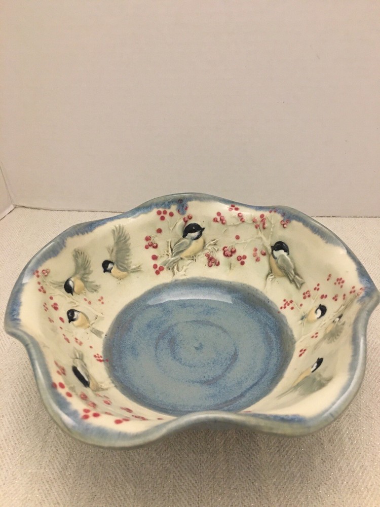 Jen Stein Art Pottery Bowl Decor Piece Chickadee Pattern