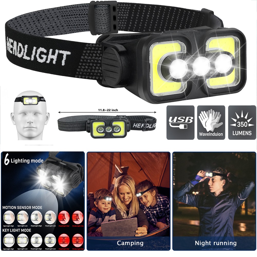 COB LED Headlamp Headlight Flashlight Torch USB Rechargeable Waterproof Sensor