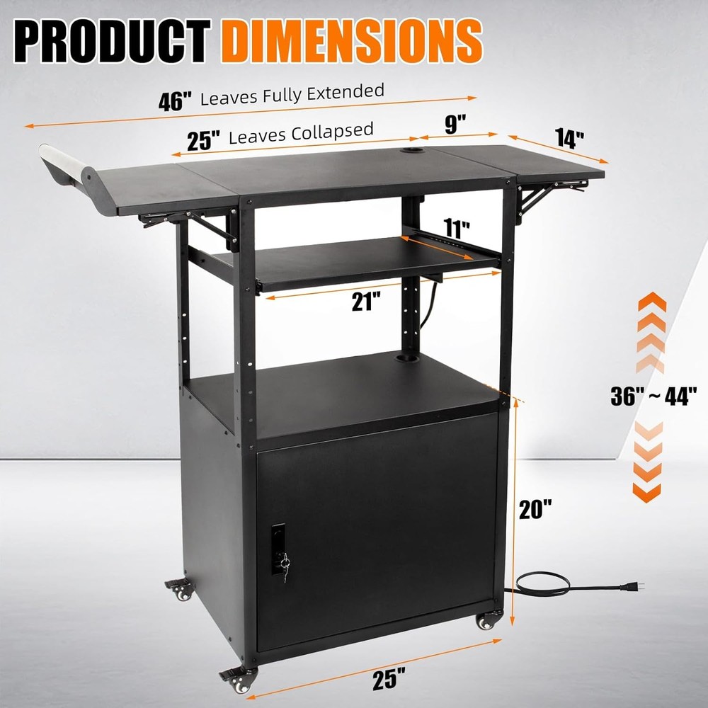 Mobile AV Cart with Locking Cabinet Pullout Keyboard Tray