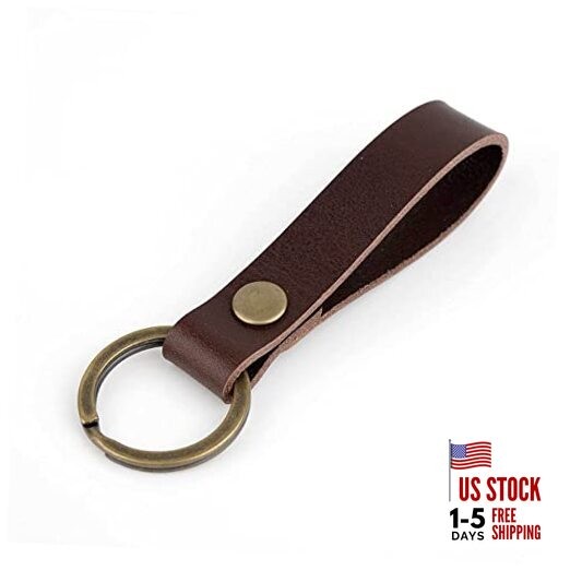 PU Leather Keychain Solid Metal Bronze Handcraft Key Ring Coffee Colour