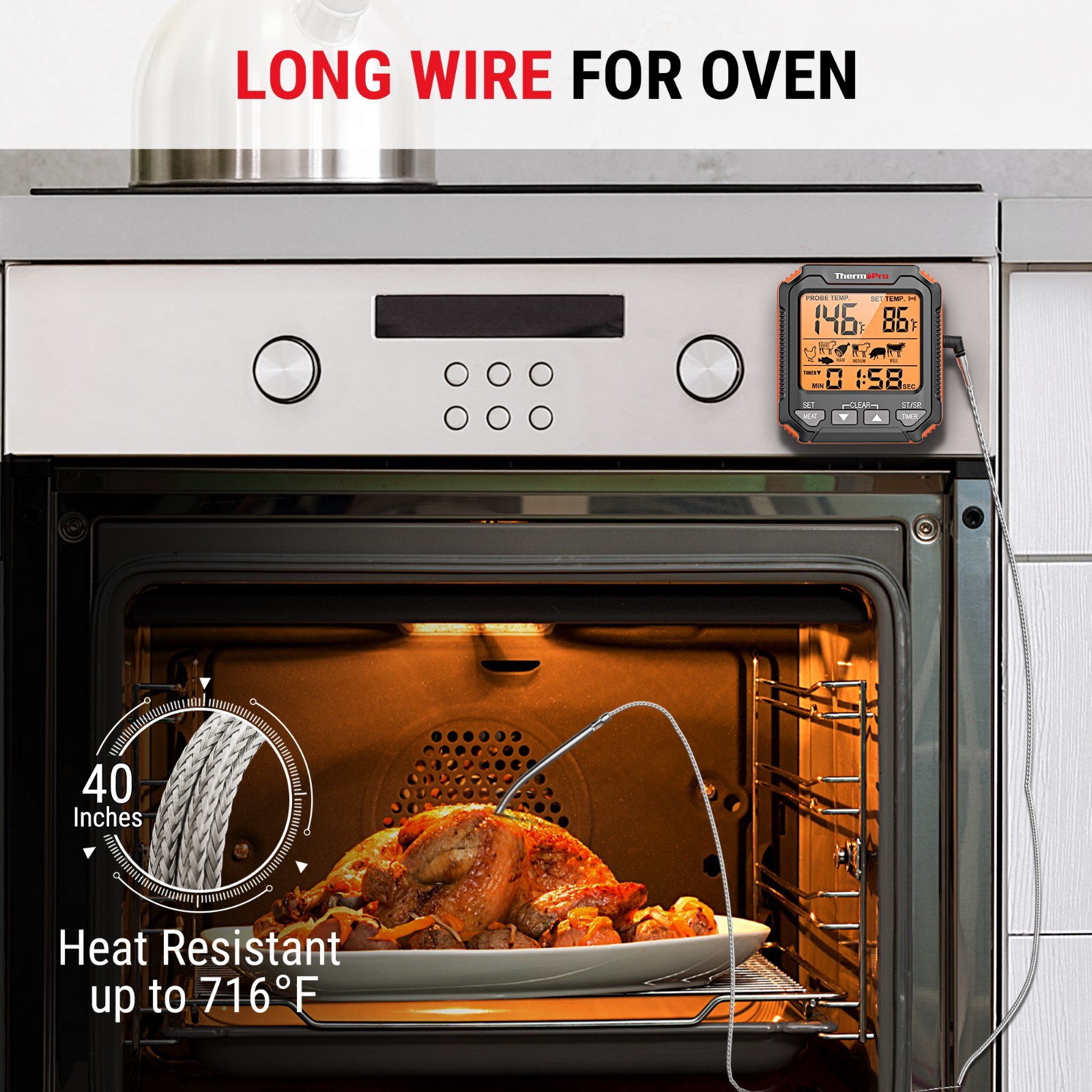ThermoPro TP716 Leave-In Digital Meat Thermometer for Oven Grill BBQ Stovetop