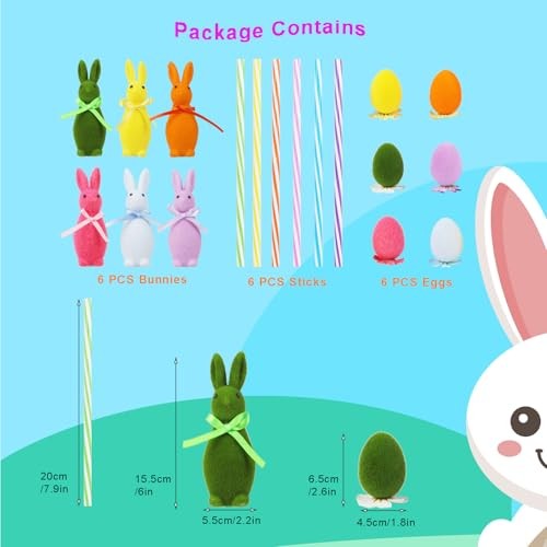 6 PCS Flocked Easter Bunnies Decors Set with 6 Colorful Eggs & Stakes, Rabbits