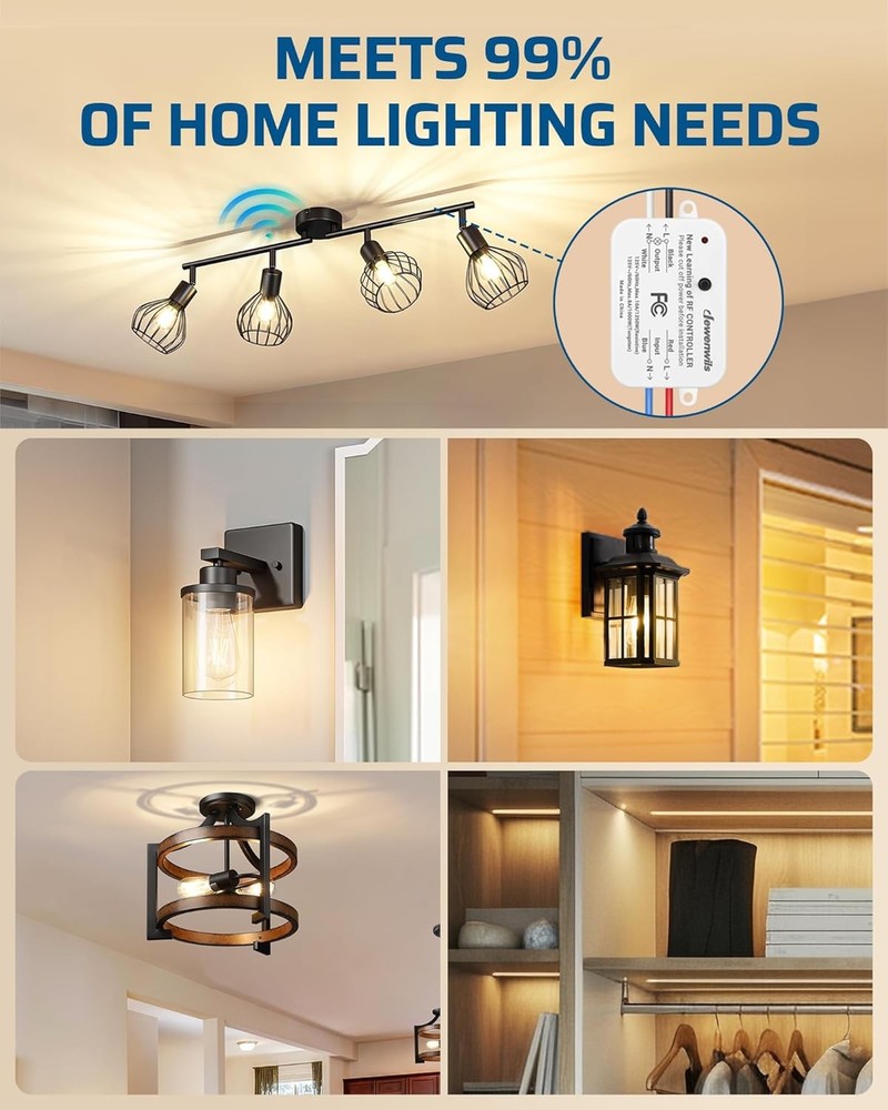 Wireless Remote Light Switch Kit, Programmable, No Wiring, 100 Ft RF Range