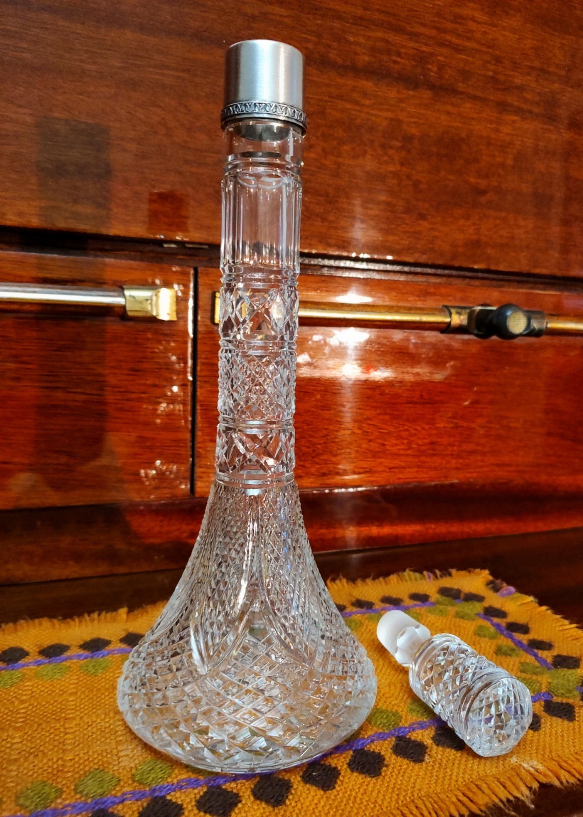 Vintage crystal decanter with sterling silver finial 875°,USSR,height 33 cm