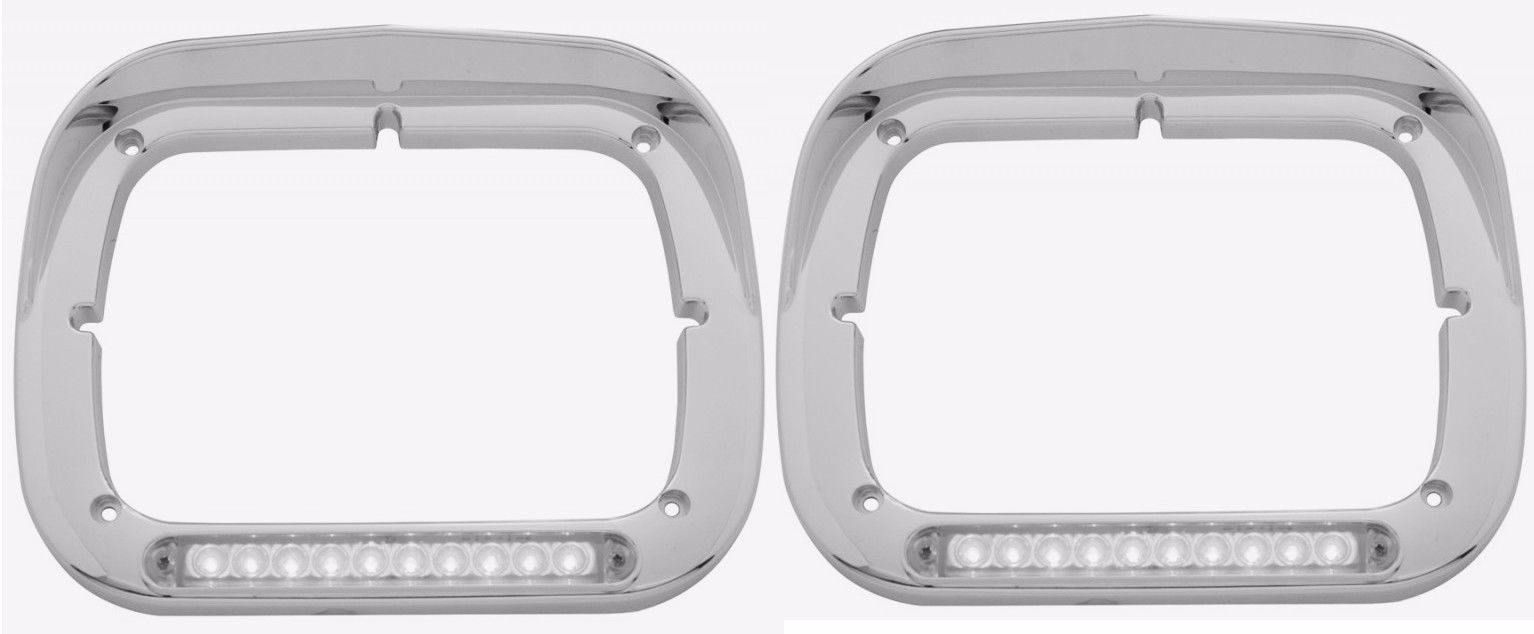 Peterbilt Chrome Headlight Bezel 6x8 Clear Lens Amber LED Sold as a Pair 32371