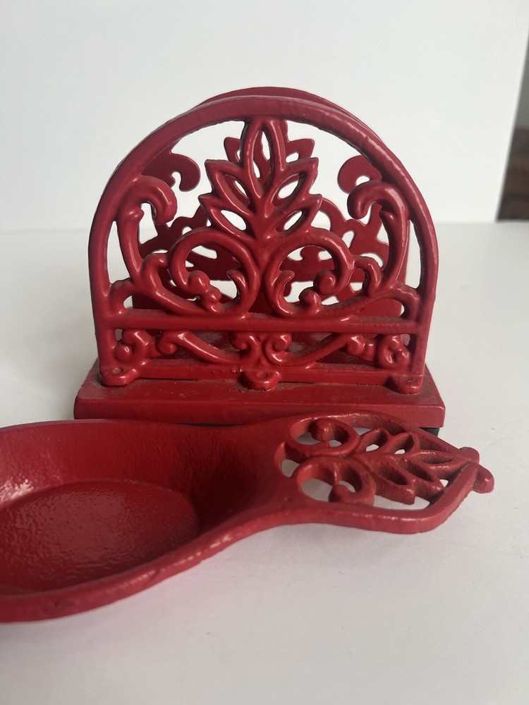 Red Enameled Solid Cast Iron Rounded Napkin Holder and Spoon Rest Set