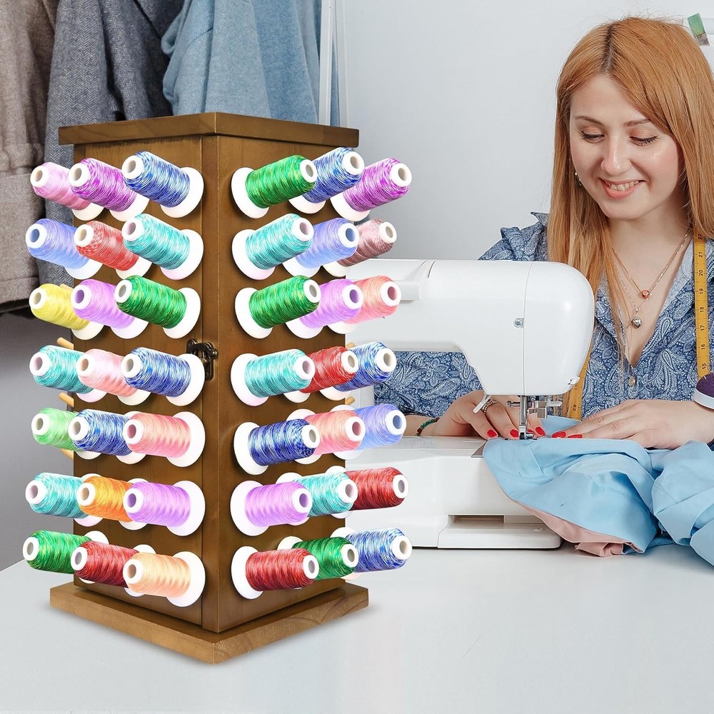84-Spool Wooden Thread Holder Stand – 360° Rotating Thread Organizer for Sewi...