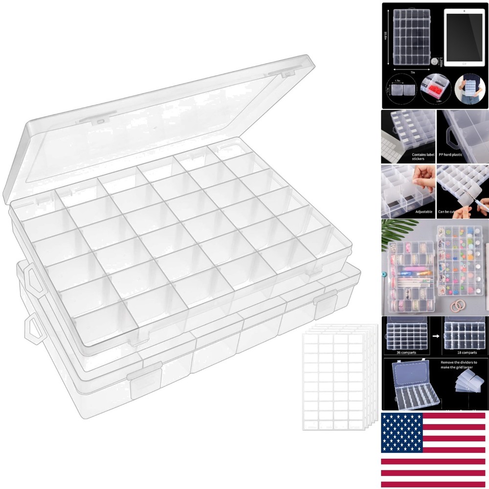 Clear Adjustable Plastic Storage Boxes with 36 Compartments for Beads & Picks