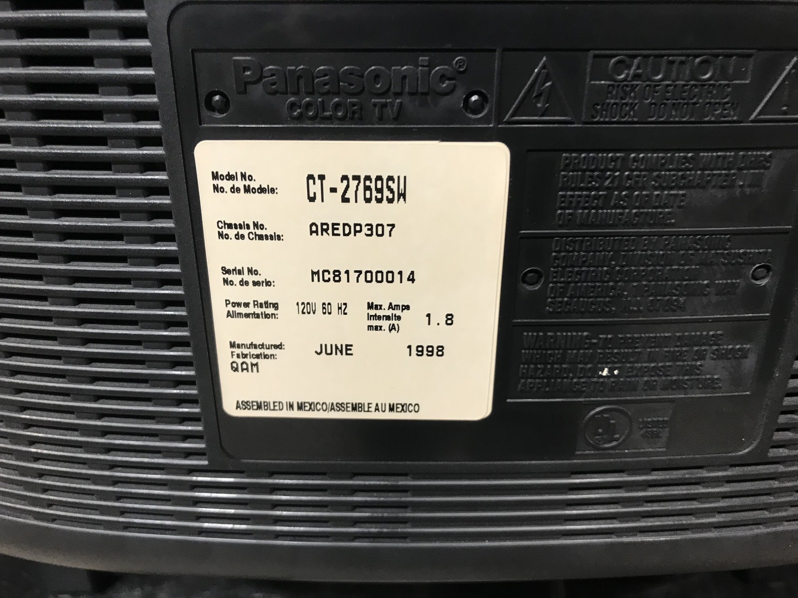 Panasonic CT-2769SW 27" CRTV Retro Gaming RCA RF Antenna - No Remote