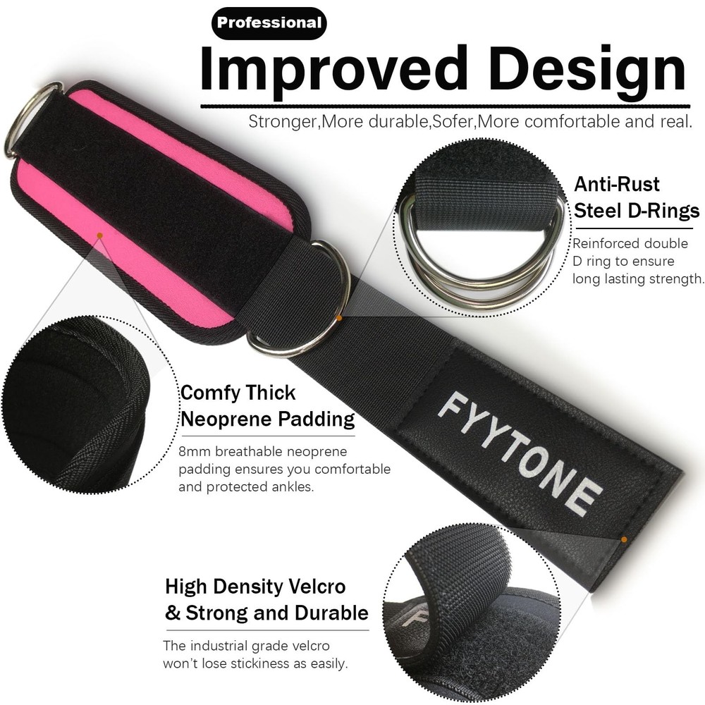 Ankle Strap for Cable Machine, Ankle Cuff for Kickbacks, Leg Pink Pair