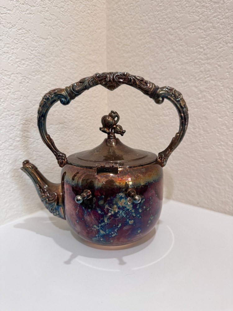 Vintage Silverplate Tea Pot Ornate Handle Hinged Lid 9"