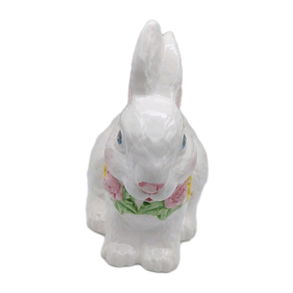 Easter Ceramic Bunny Rabbit Figurine Flowers Around Neck