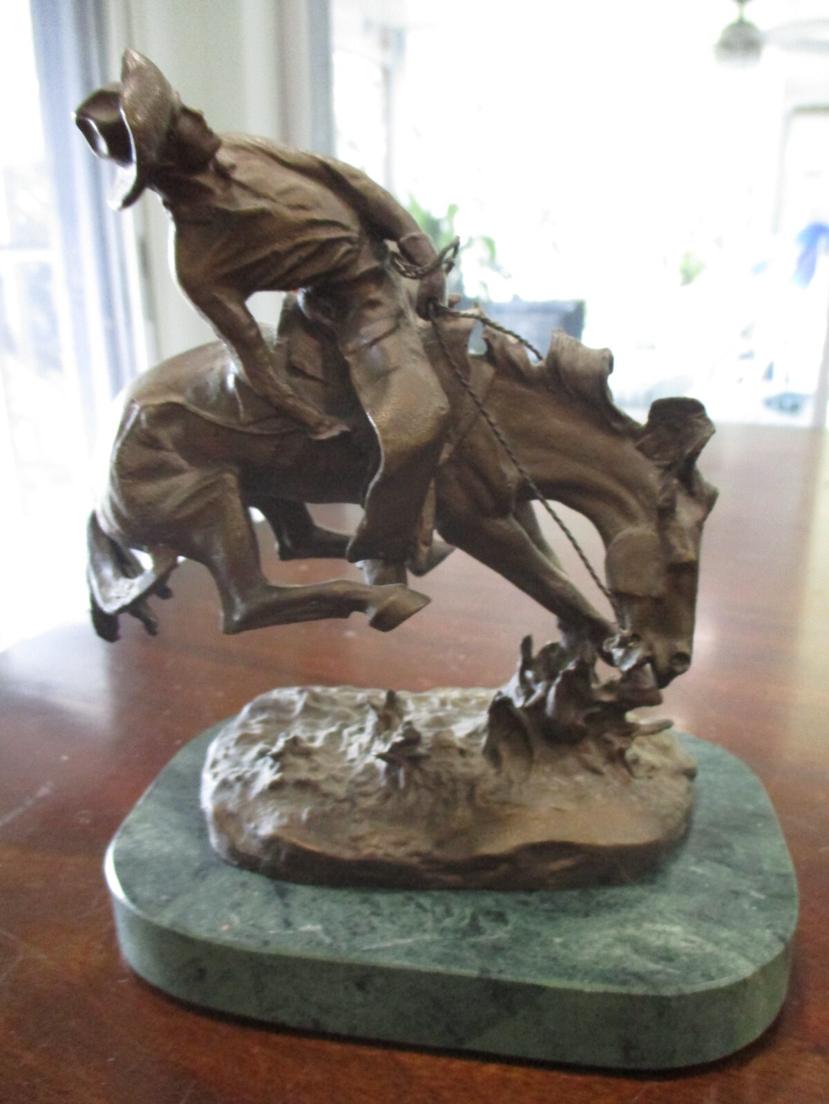Frederic Remington solid bronze sculpture cowboy  horse marble base western art