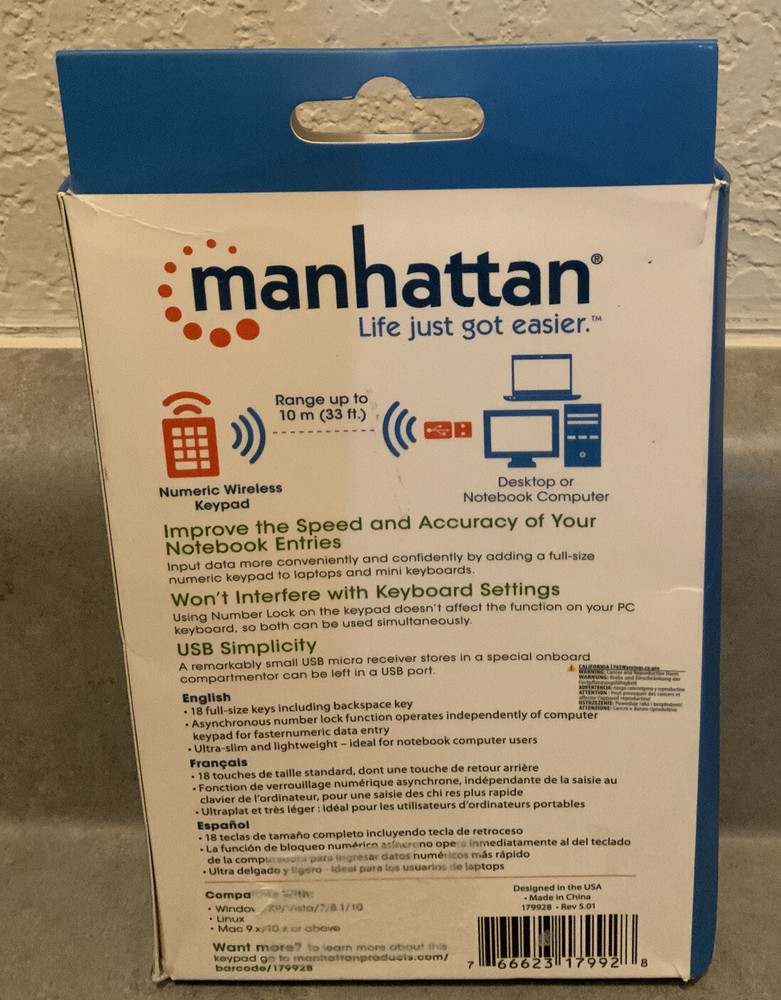 Manhattan Numeric Wireless Keypad 18 Full Size Keys PC/MAC Compatible 179928