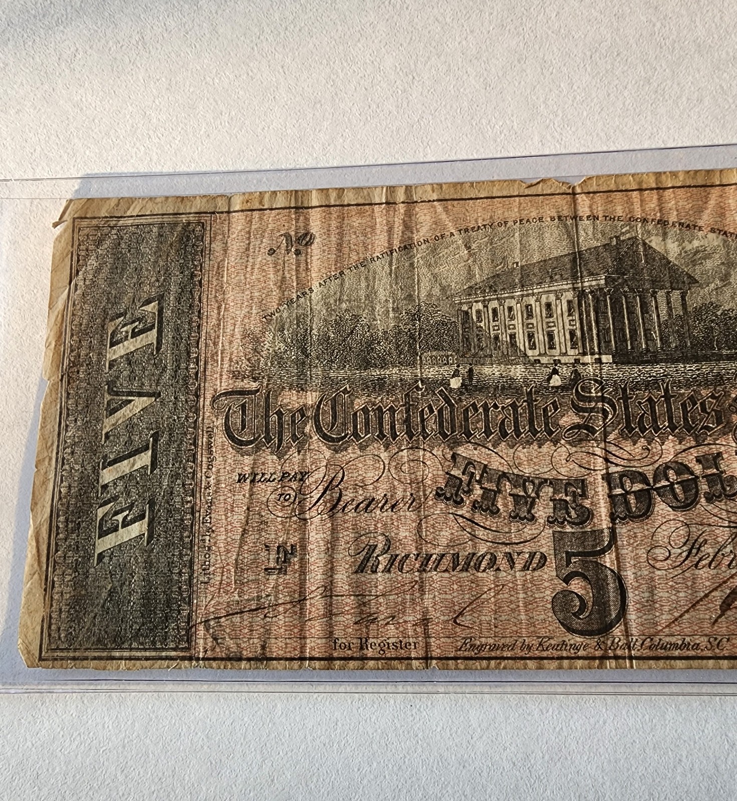 $5 1864 Five Dollar Bill Note Confederate States of America off center error