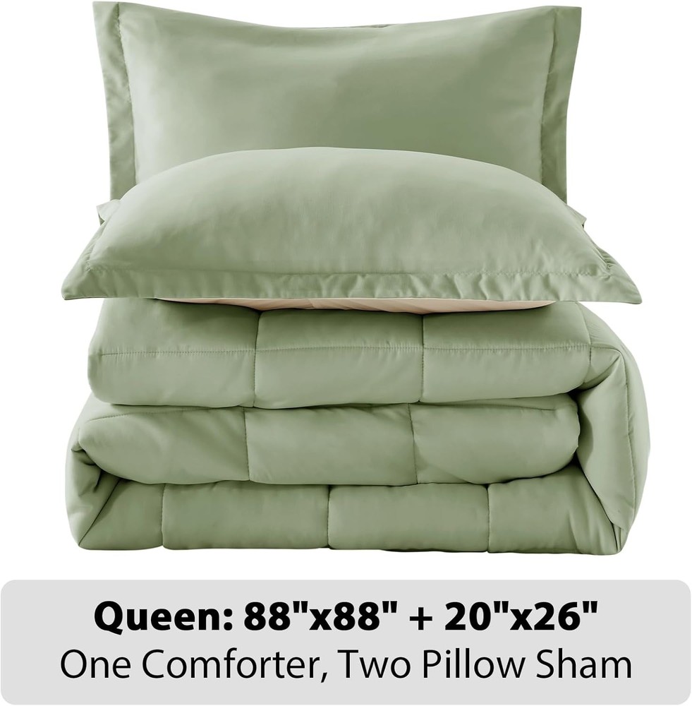 Luxury Queen Comforter Set - 3-Piece Solid Reversible Microfiber for All Seasons