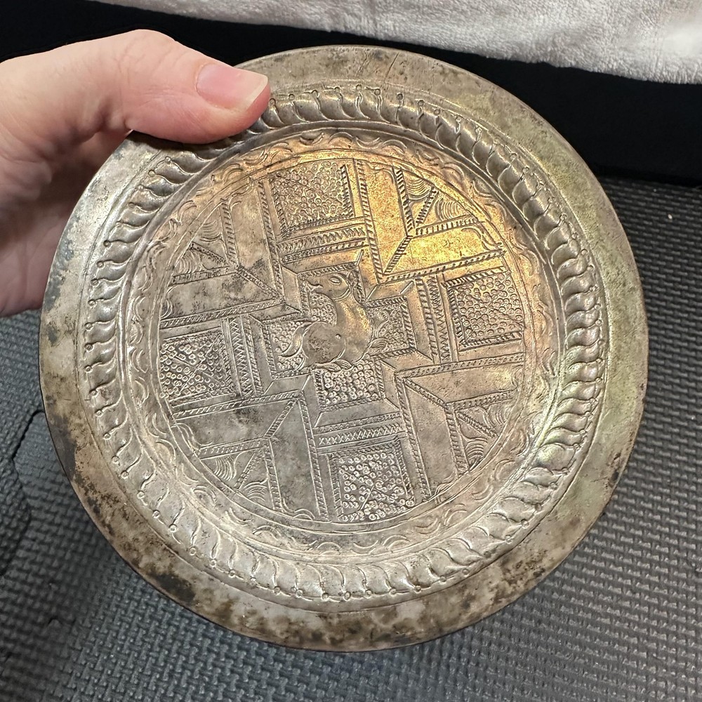 Antique Tin Burmese Betel Ornate Silver Plate Lidded Box Asian Figural 4"