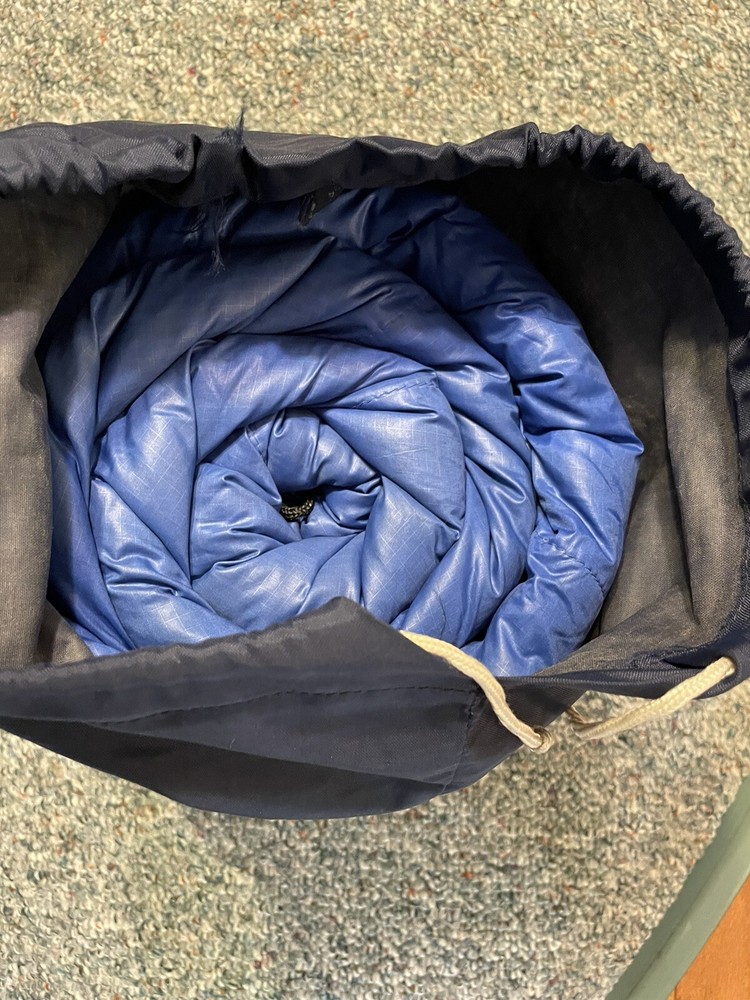 Vtg Pack-In Products Duck Down Sleeping Bag Mummy Blue Packable EUC Right Zip