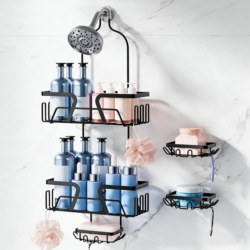 3 Tier Shower Caddy Rustproof Organizer W/ Soap Holders Adhesive Hooks Storage