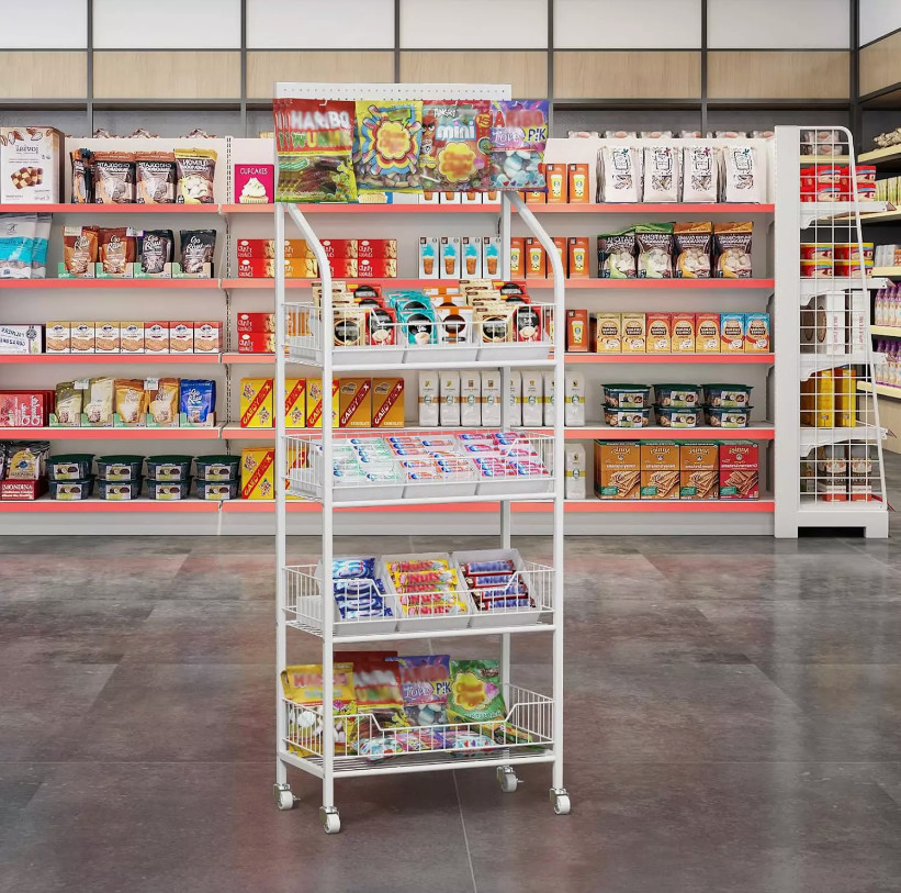 NEW White Retail Display Rack 4-tier Shelf Hooks Merchandiser Snacks Candy Stand