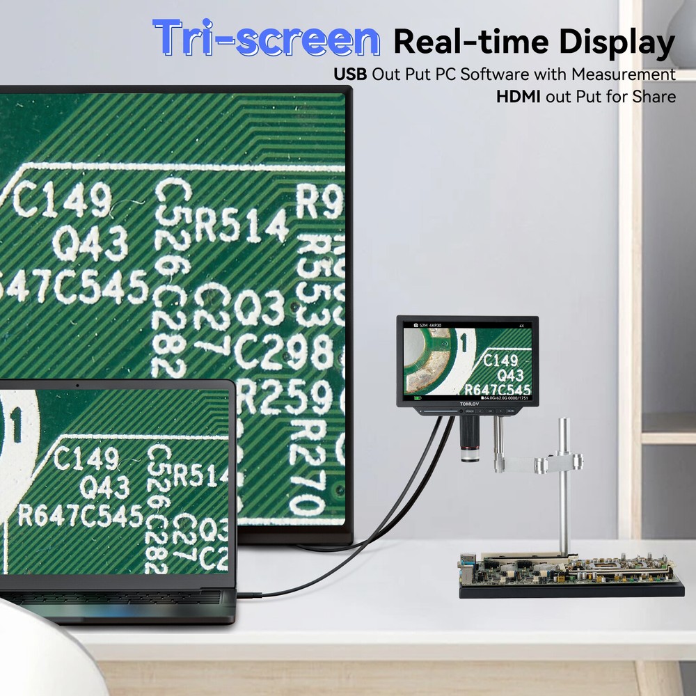 TOMLOV 4K Digital Microscope 2000X 10.1'' 52MP Entire Coin Microscope Soldering