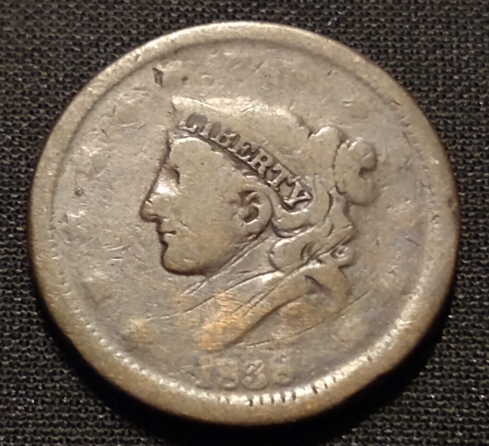 1838 large cent ag g transitional head braided matron copper coin