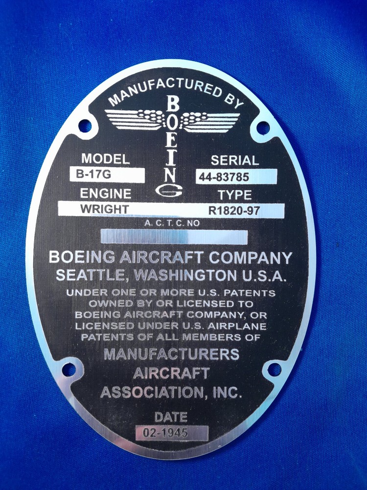 Replica B-17G CIA "Flying Fortress" Data Plate Oversize