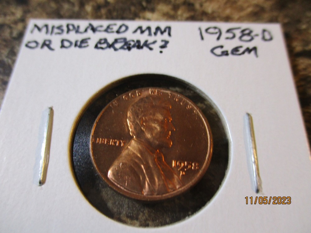 1958-D LINCOLN CENT MISPLACED MINT MARK OR DIE BREAK? 77