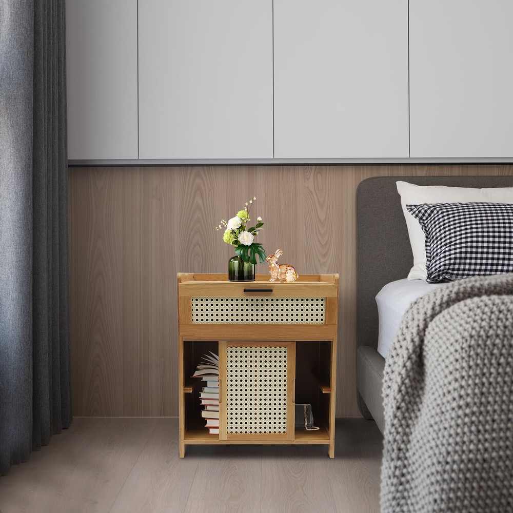 Modern Nightstand,Bed Side Table,Bamboo End Table,Storage Cabinets Night Stand